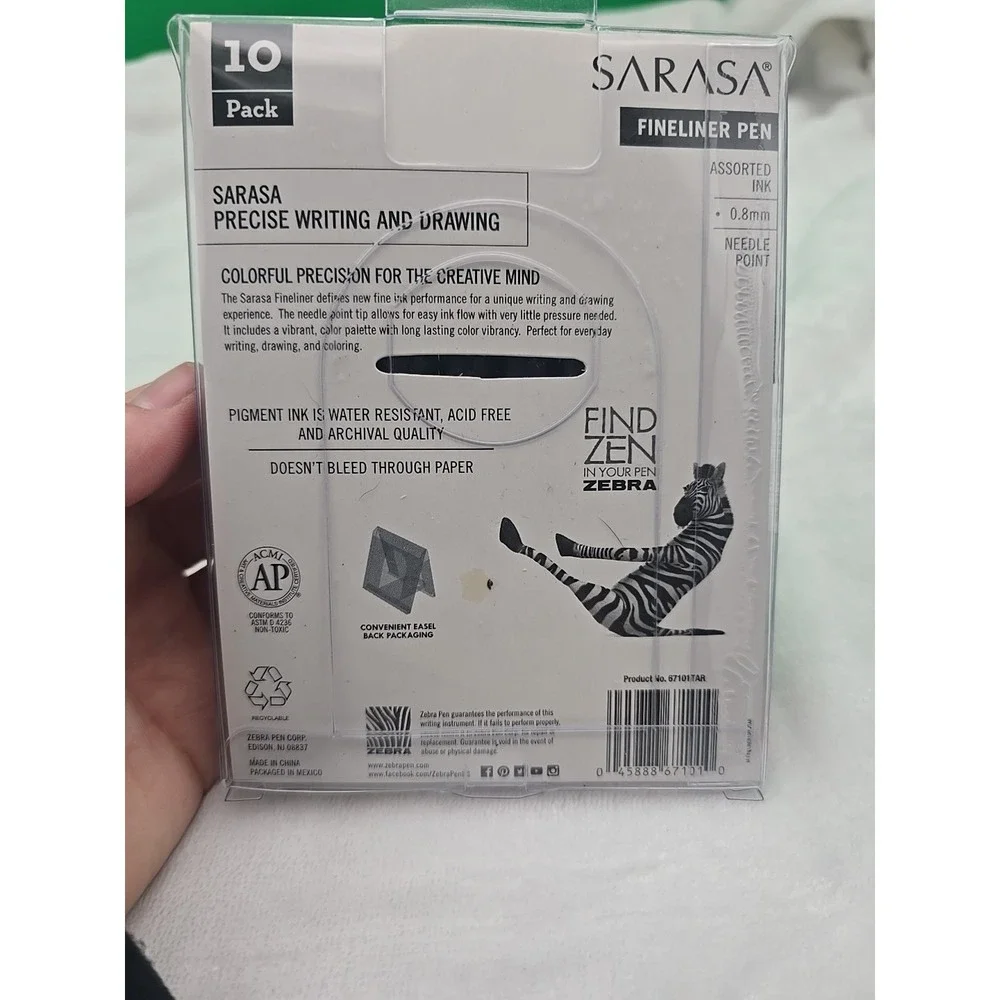 Zebra 10 Marker Set; Sarasa Fineliner Porous Point Pens, 0.8mm Tips Asst. Colors